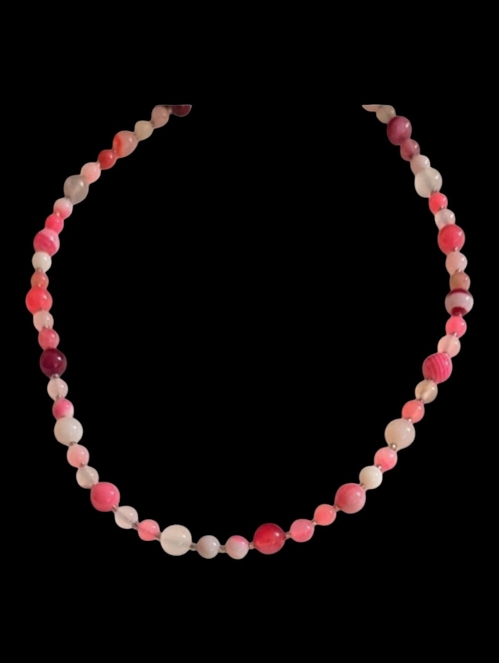 Handmade Agate Statement Necklace – Pink Gray Stones & Black Silver Glass New